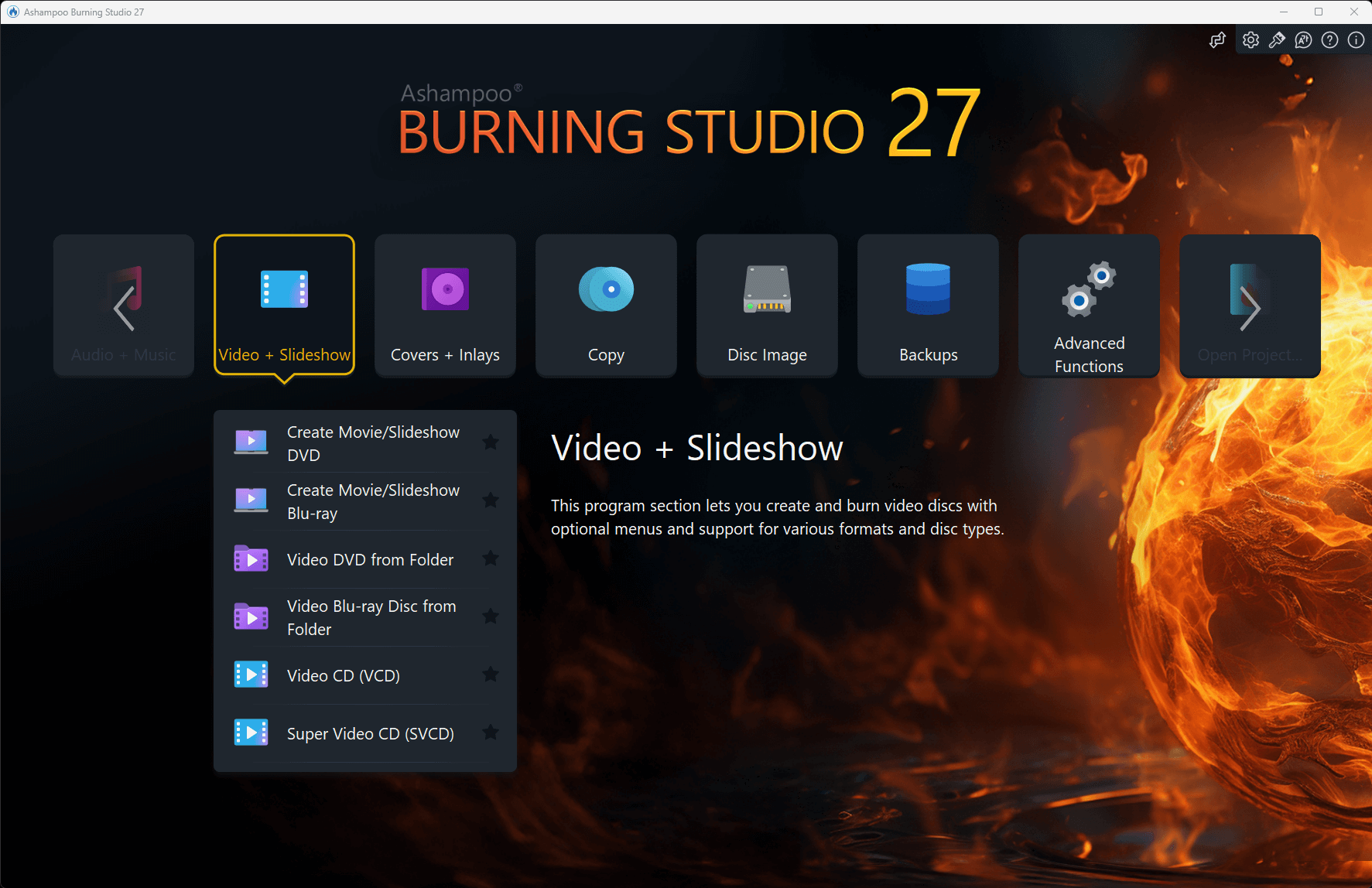 Раздел Video and Slideshows в Ashampoo Burning Studio 27