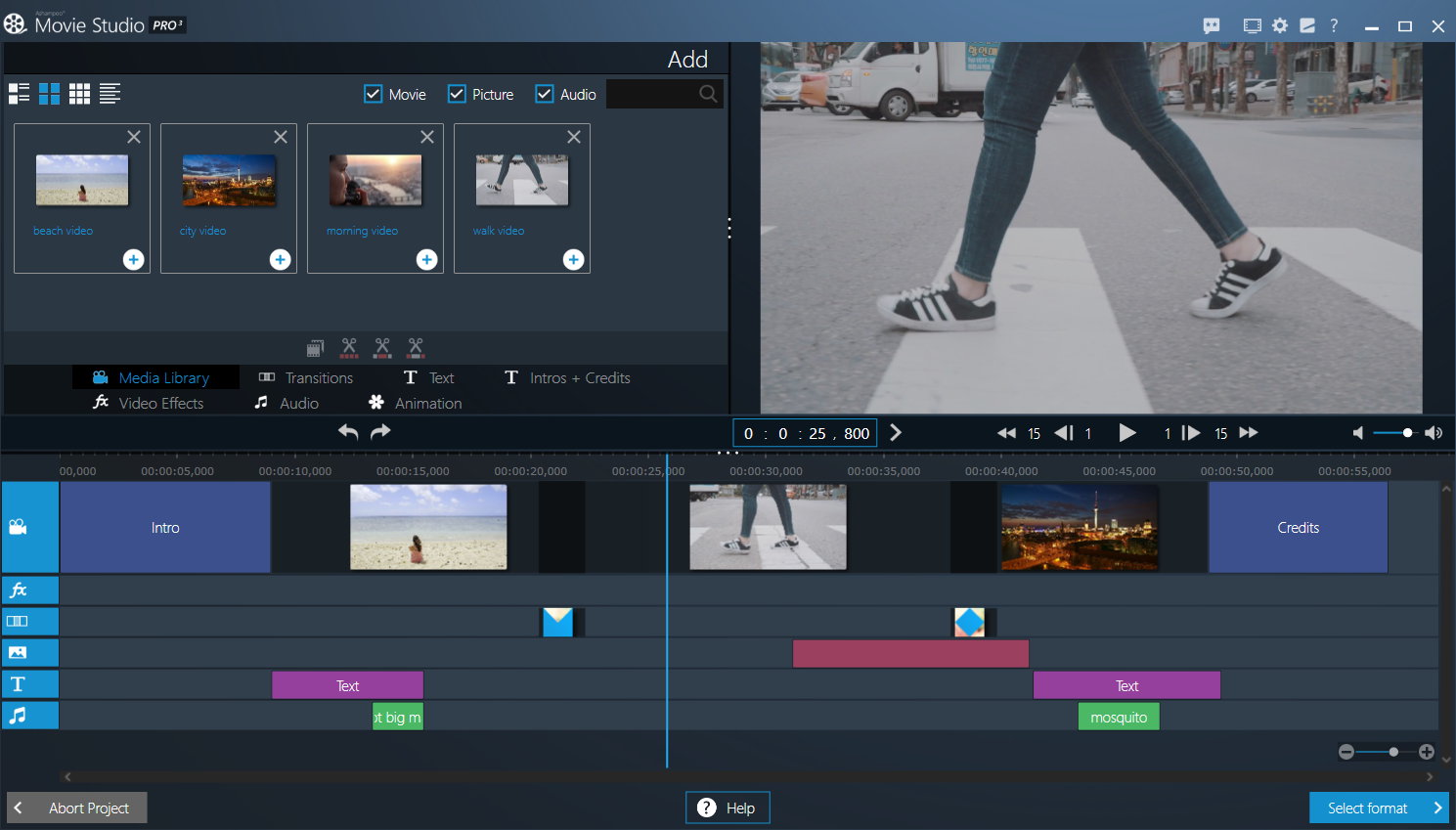 Экспертный режим Ashampoo Movie Studio Pro 3 с шестью типами дорожек, медиабиблиотекой и предпросмотром