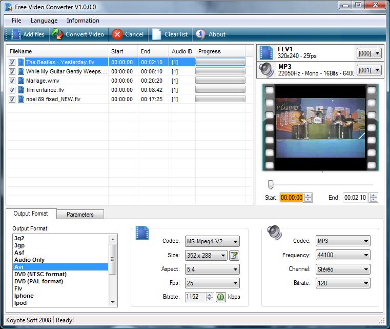 Интерфейс ранней версии Koyote Free Video Converter с очередью файлов, окном предпросмотра и настройками видео и аудио
