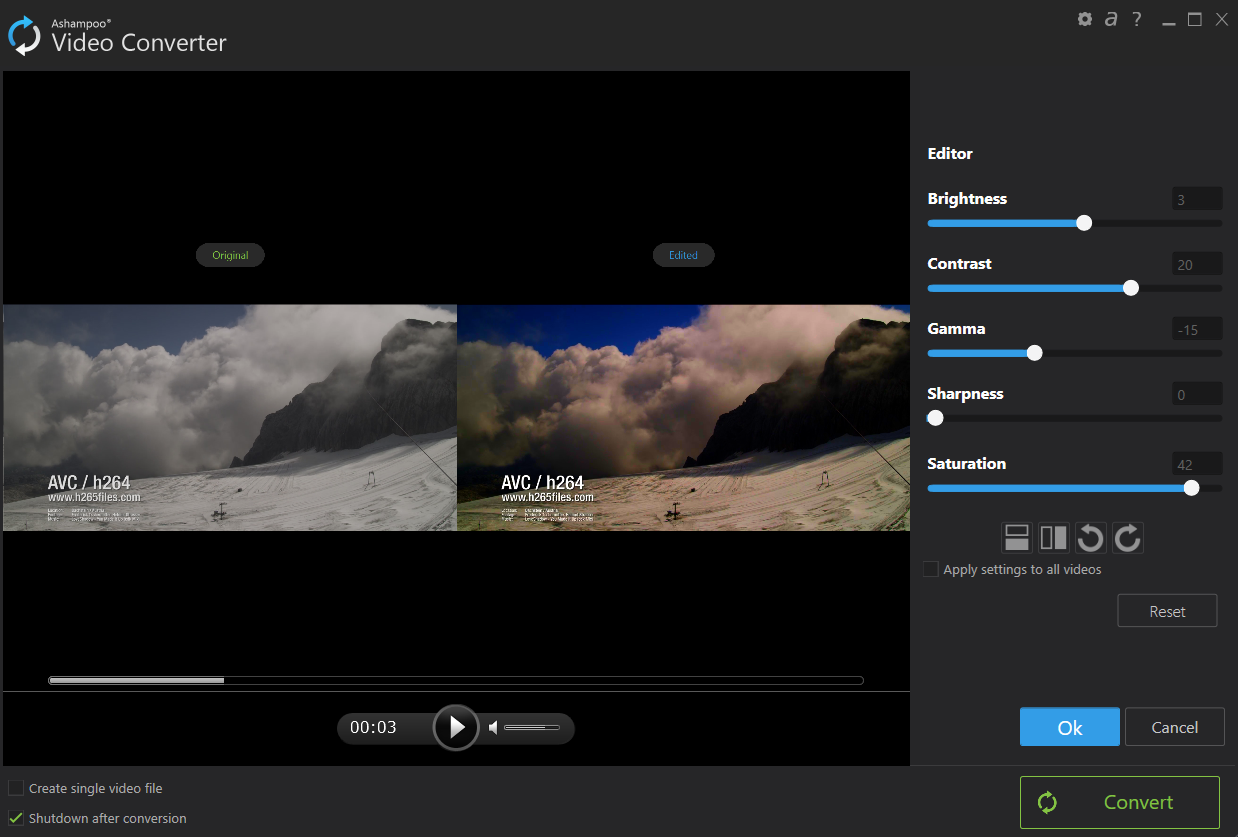 Редактор Ashampoo Video Converter с настройками яркости, контраста, гаммы, резкости и насыщенности