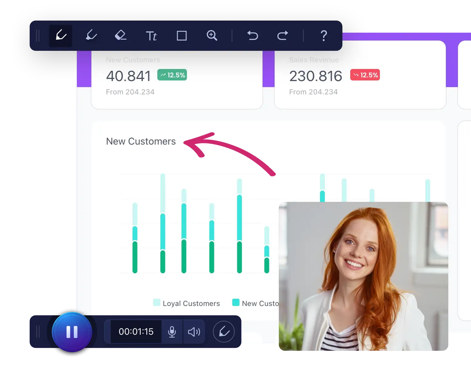 Интерфейс ScreenPal Screen Recorder с панелью рисования и окном веб-камеры