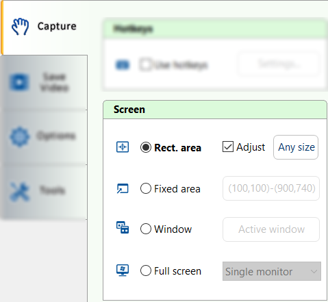 Группа Screen в AutoScreenRecorder 5 с режимами Rectangular area, Fixed area, Window и Full screen