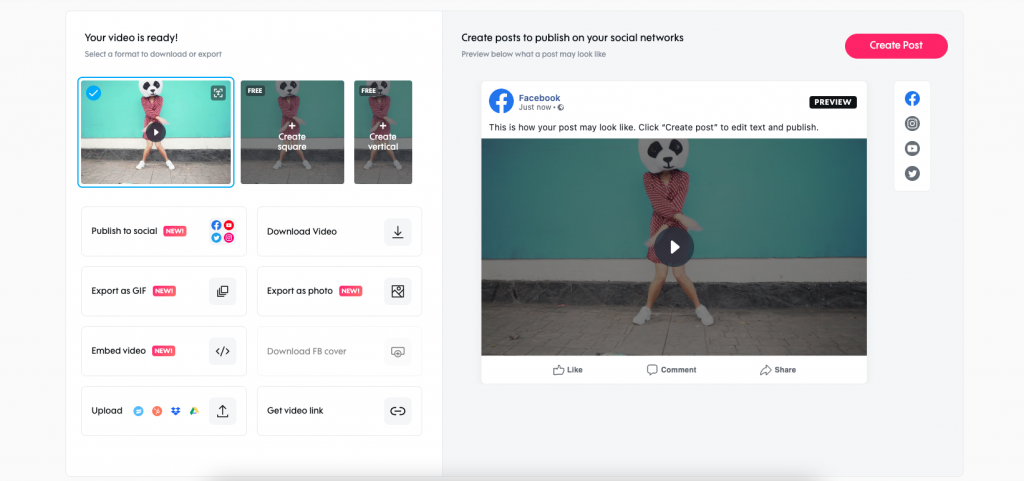 Страница публикации Promo.com с вариантами Wide, Square, Vertical, Download Video, GIF и социальными сетями