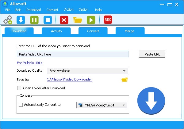 Главное окно Allavsoft для Windows с вкладками Download, Activity, Convert и Merge