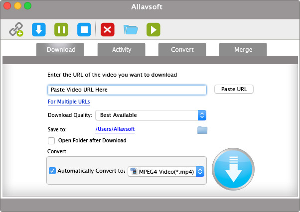 Главное окно Allavsoft для macOS с полем URL и параметрами загрузки
