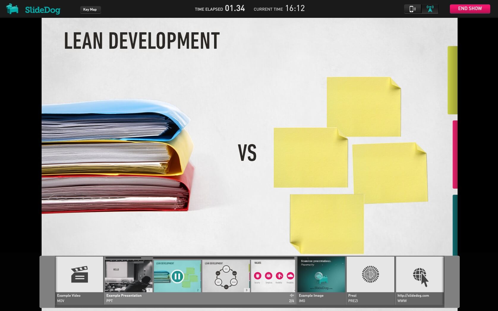 Режим показа PowerPoint через SlideDog с лентой элементов плейлиста