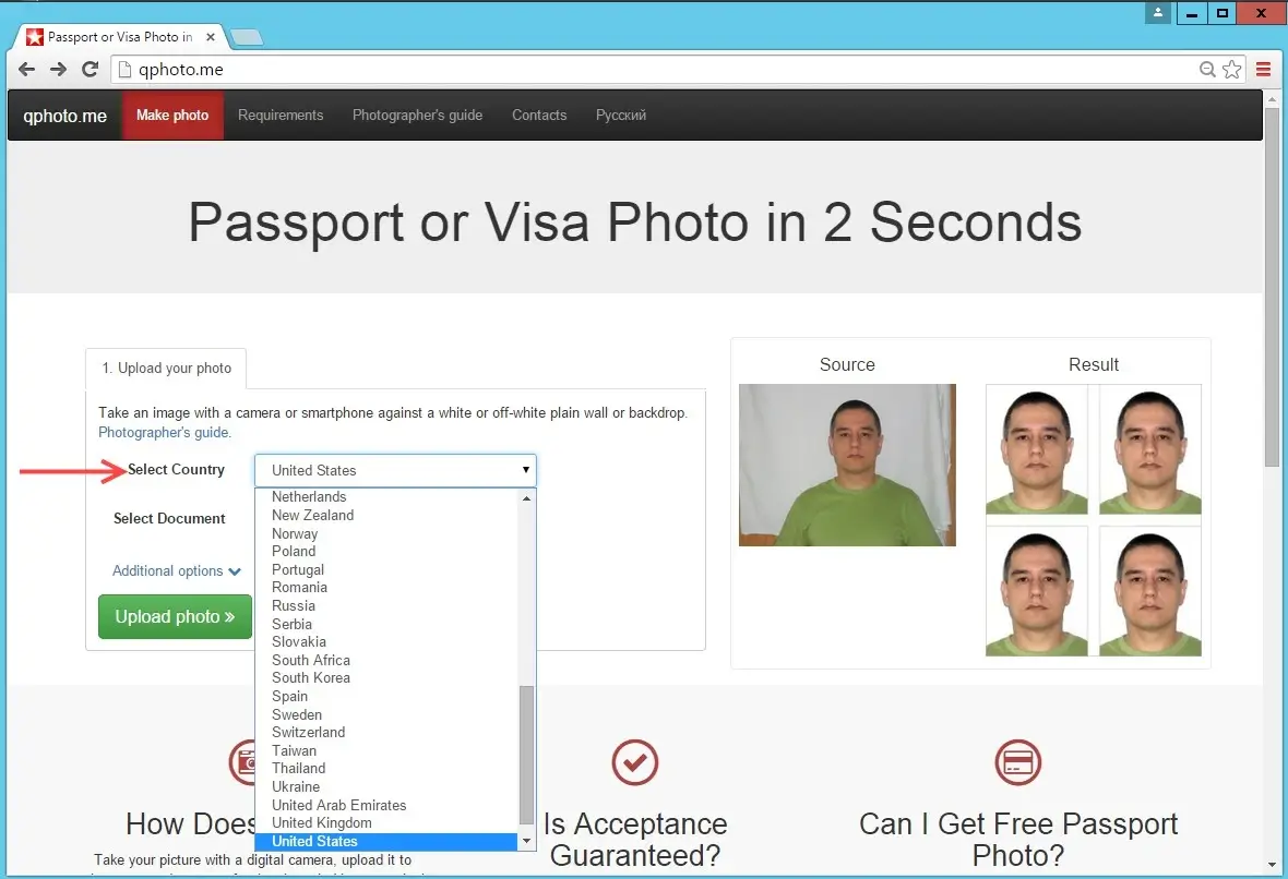 Интерфейс Visafoto с выбором страны для фотографии на документ