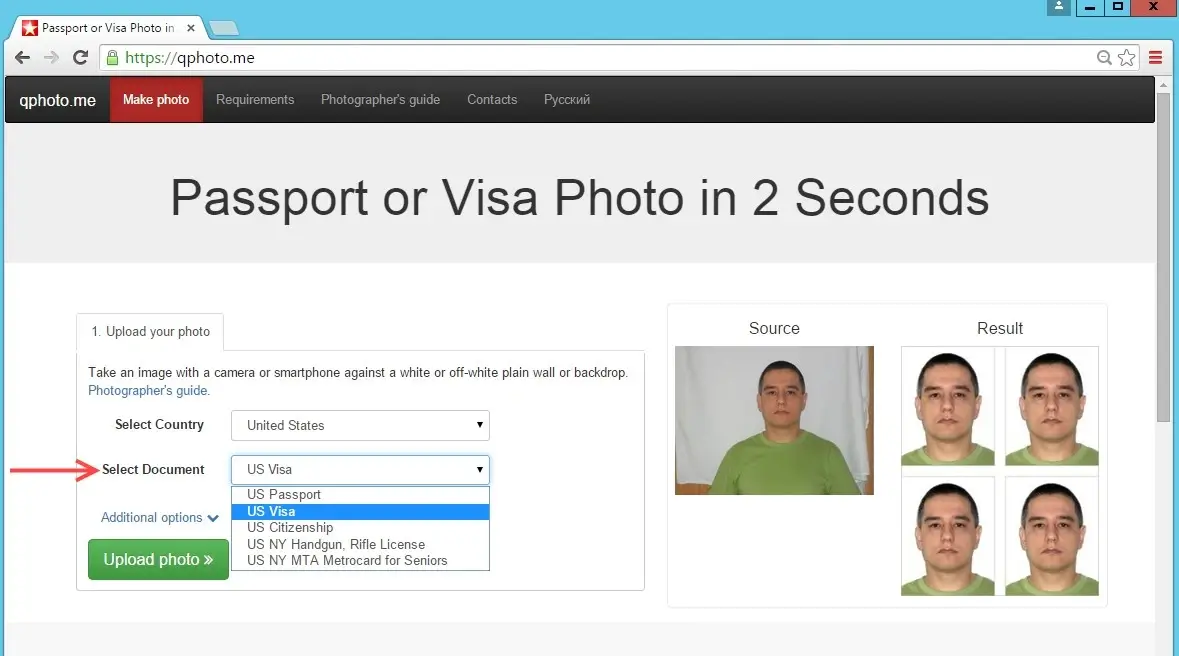 Интерфейс Visafoto с выбором типа документа