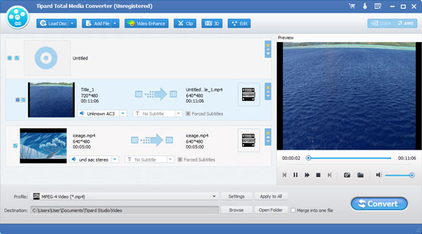 Очередь Tipard Total Media Converter с DVD и видеофайлом