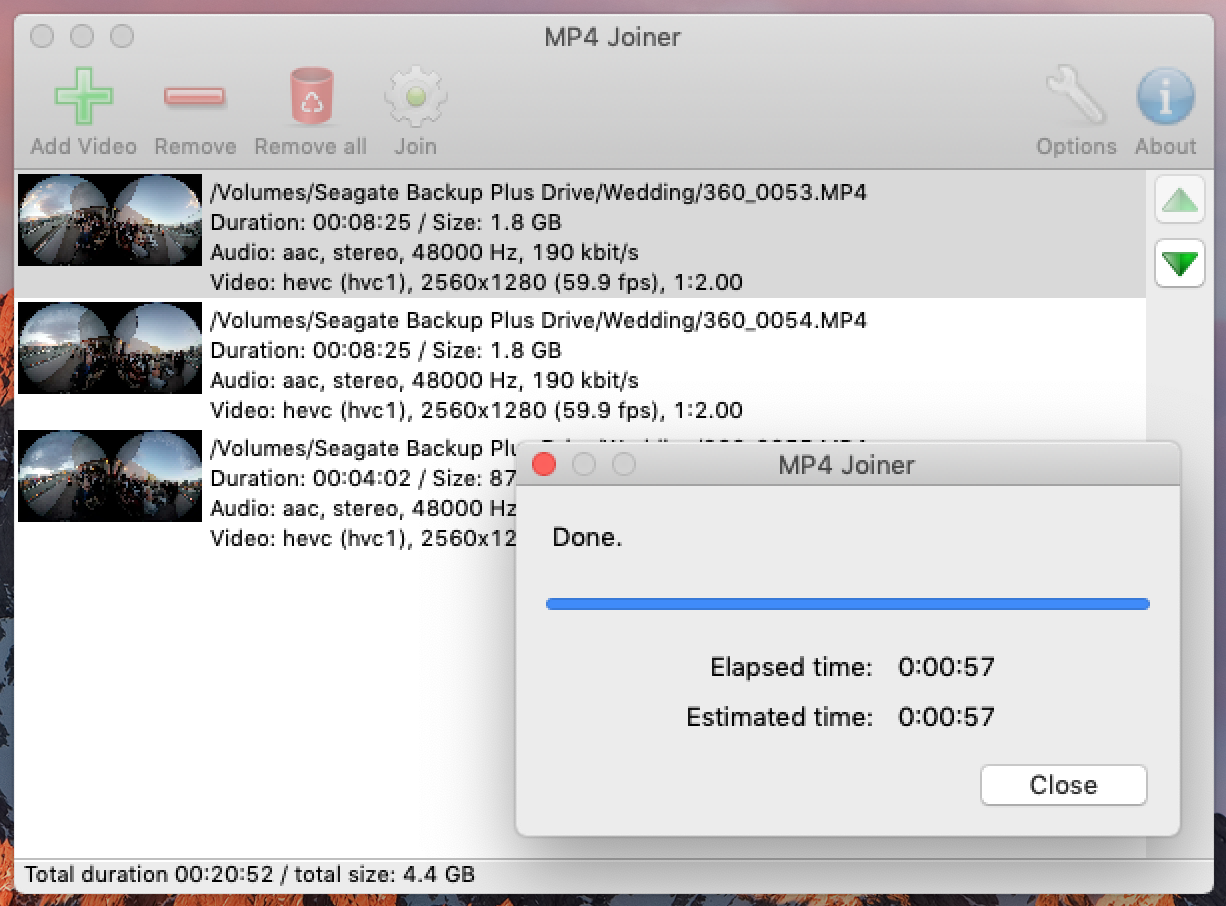 MP4Joiner на macOS с окном прогресса Done