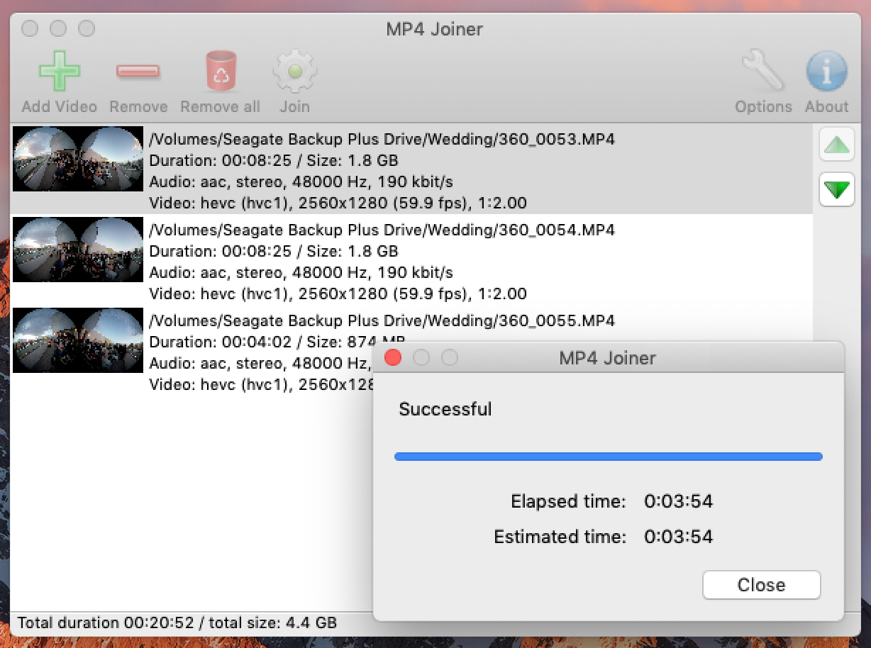 MP4Joiner на macOS с финальным статусом Successful