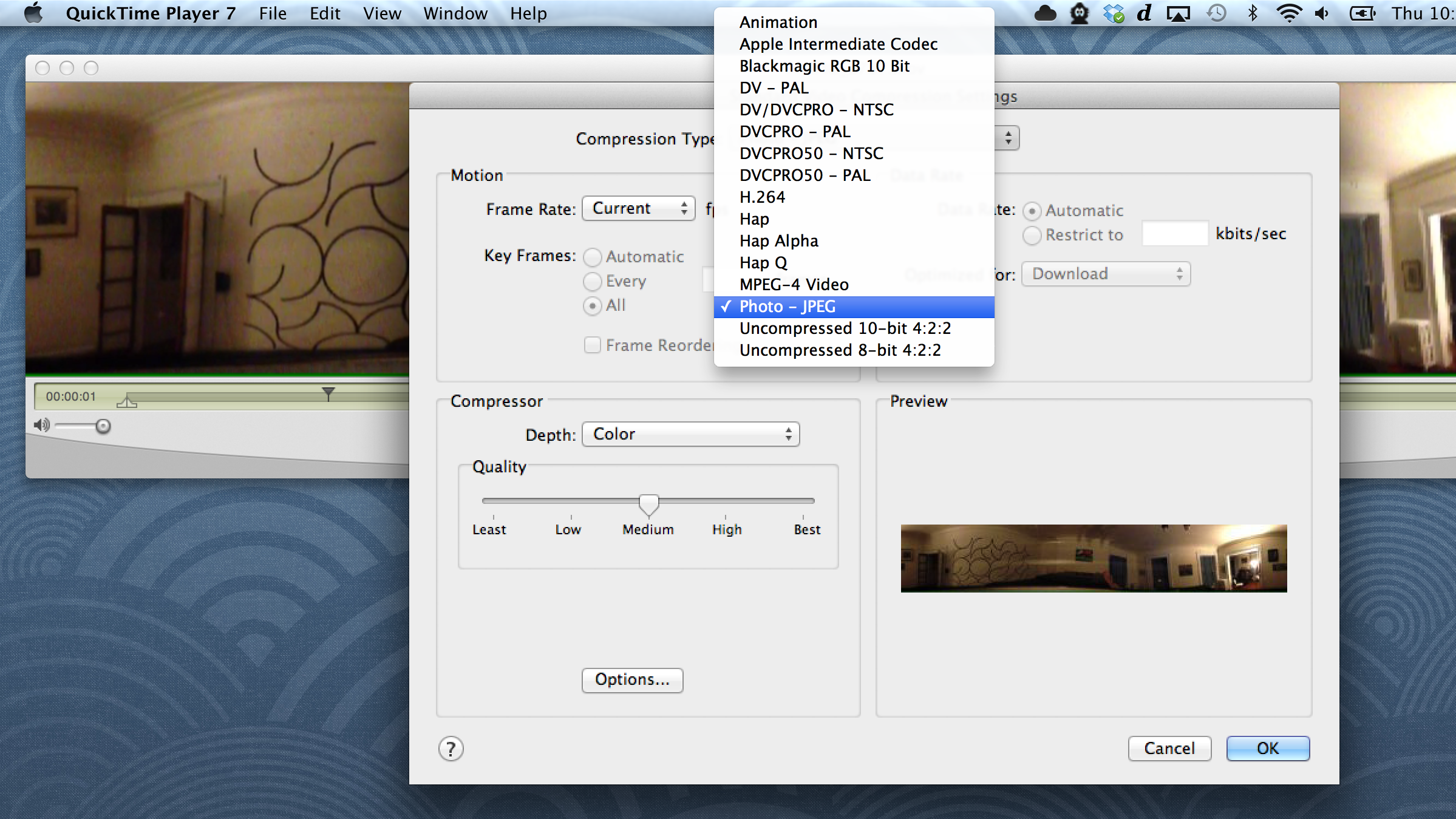 QuickTime Player 7: окно Video Settings со списком кодеков и Photo-JPEG