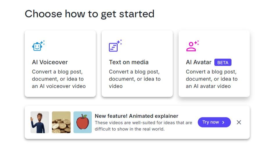 Стартовый экран Lumen5 с вариантами AI Voiceover, Text on media, AI Avatar и Animated explainer