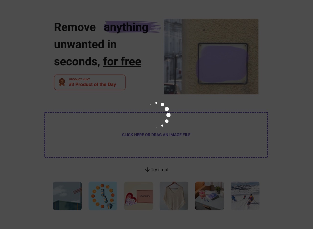 Архивный экран загрузки ZMO Remover с областью перетаскивания изображения и примерами