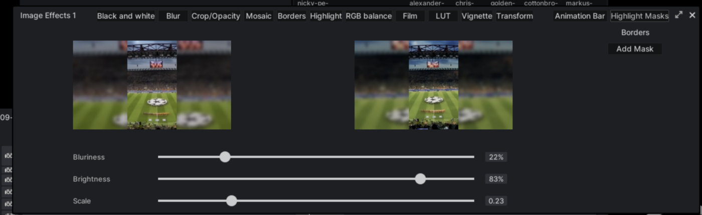 Панель Borders в Blackbird с настройками blur, brightness и scale для вертикального видео