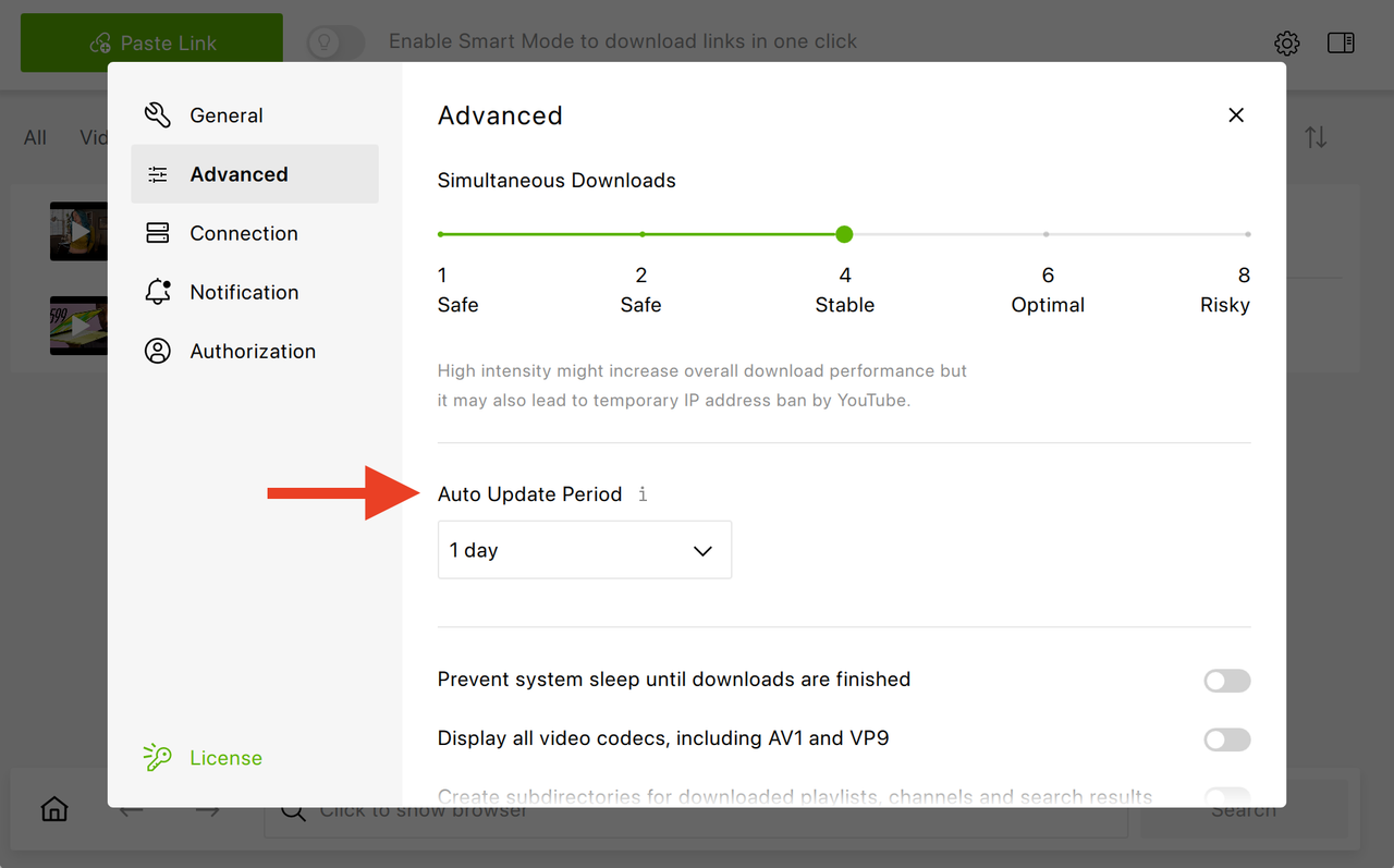 Расширенные настройки 4K Video Downloader+ с периодом обновления подписок
