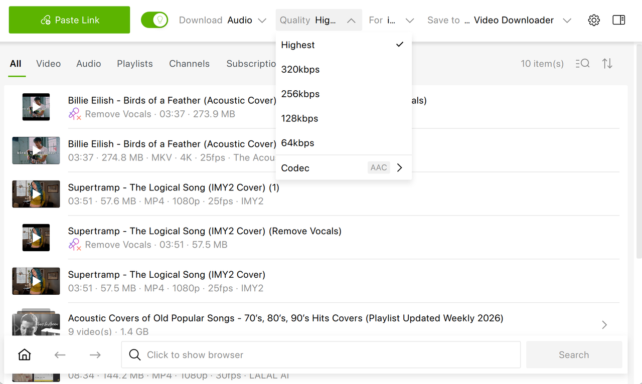 Выбор качества аудио в верхней панели 4K Video Downloader+