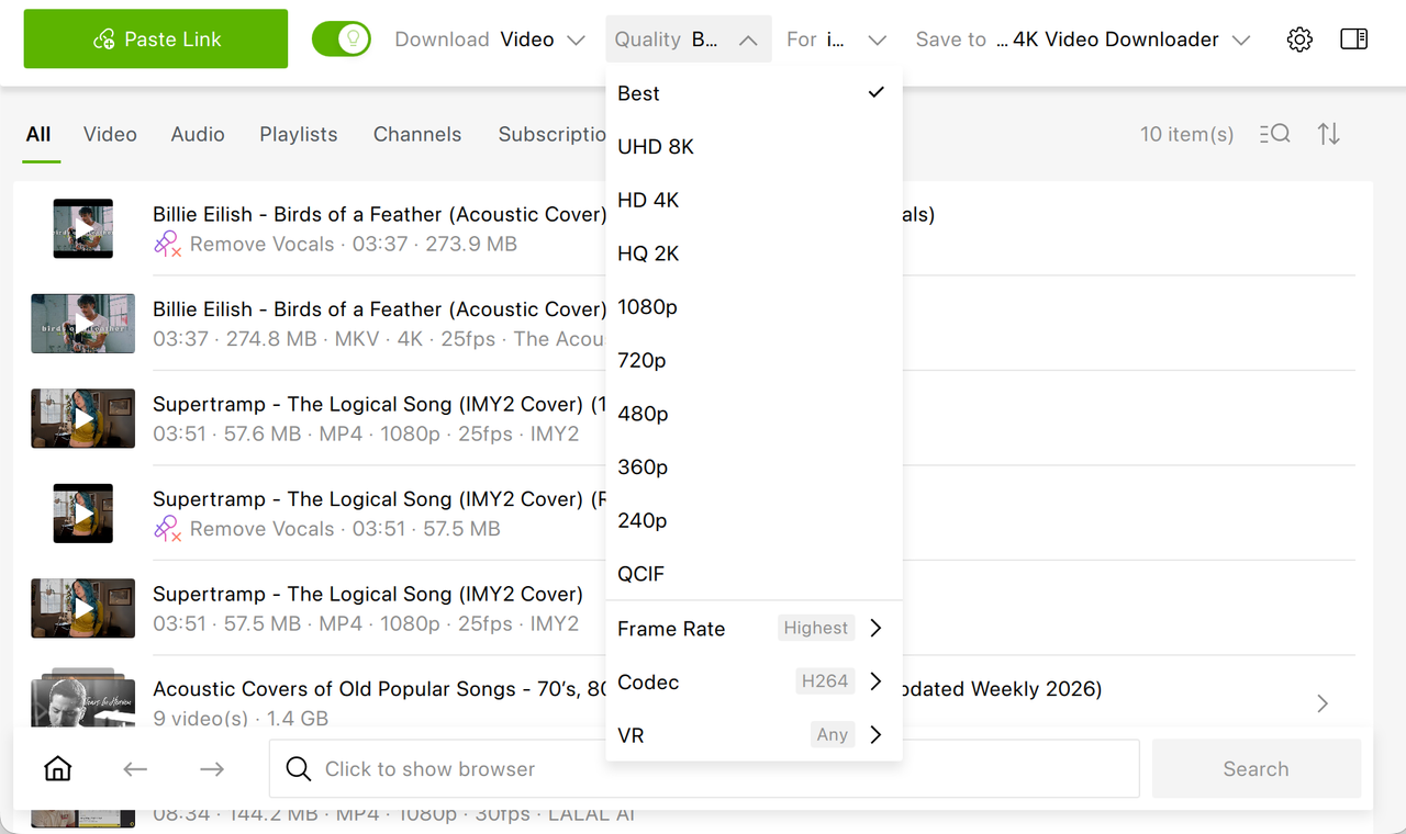 Меню качества видео в Smart Mode 4K Video Downloader+