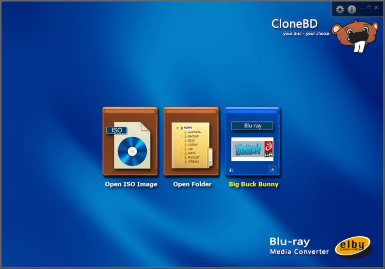 Стартовый экран CloneBD с выбором ISO, папки Blu-ray и физического диска