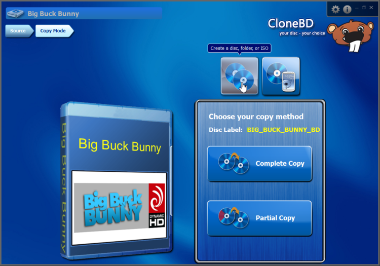 Экран CloneBD с выбором Complete Copy и Partial Copy