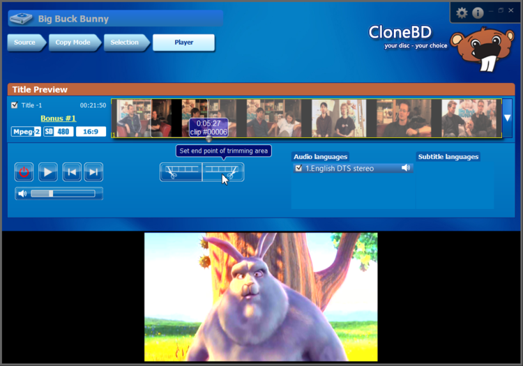 Встроенный плеер CloneBD с предварительным просмотром и настройкой границ обрезки