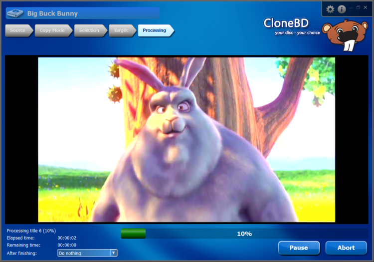 Экран Processing в CloneBD с прогрессом, временем, Pause и Abort