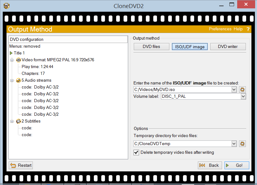 Страница Output Method CloneDVD с вариантами DVD files, ISO/UDF image и DVD writer