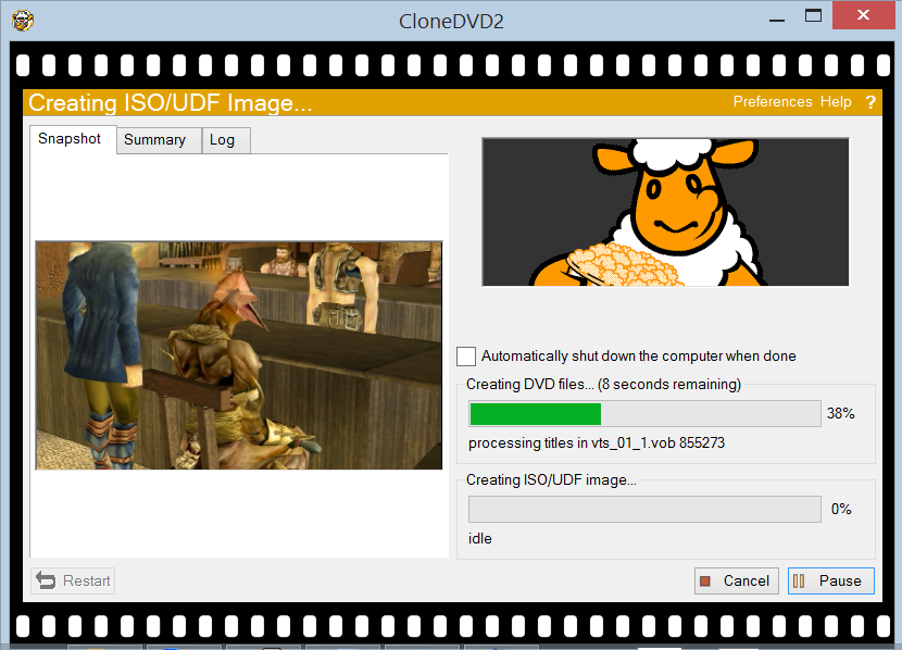 Экран Creating ISO/UDF Image в CloneDVD с прогрессом, журналом и кнопкой Pause