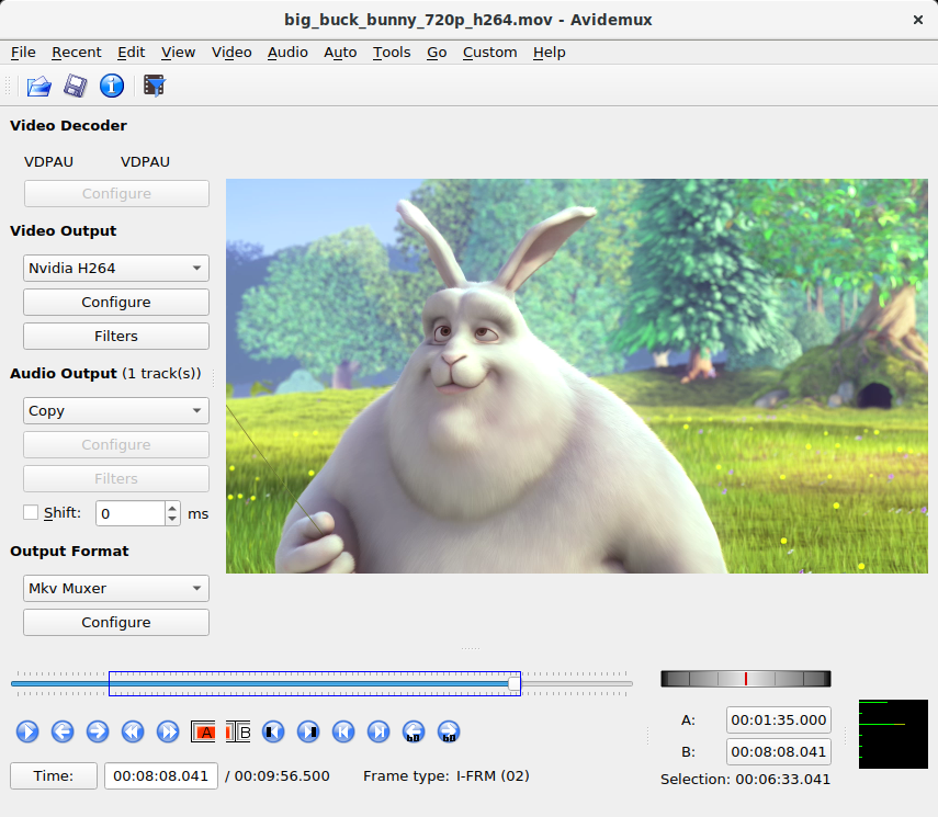 Главное окно Avidemux с блоками Video Output, Audio Output, Output Format и навигацией