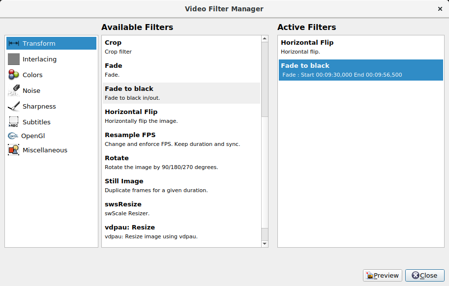 Video Filter Manager Avidemux со списком доступных и активных фильтров