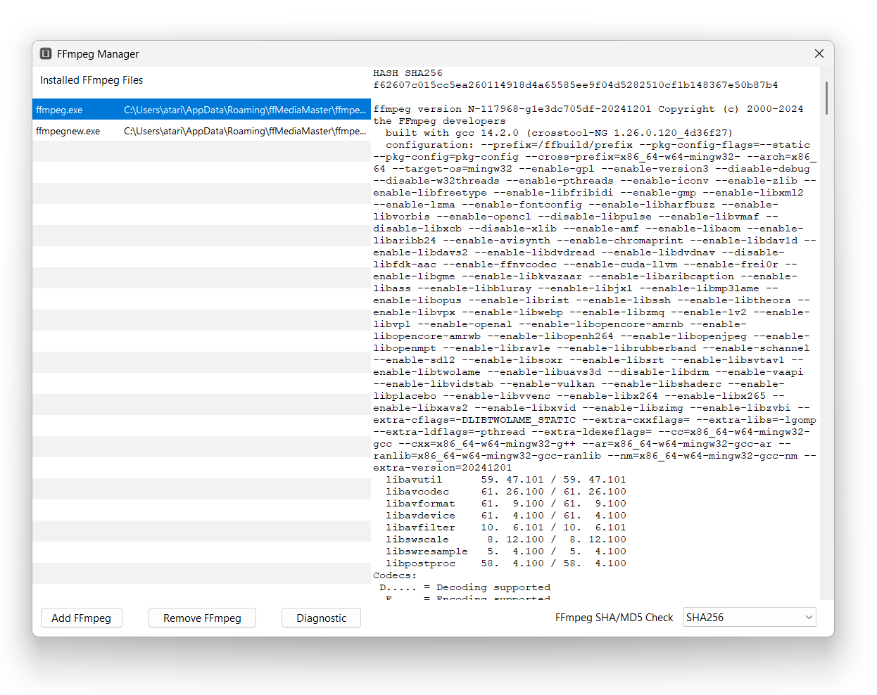 FFmpeg Manager в ffMediaMaster с подключёнными сборками FFmpeg и диагностикой