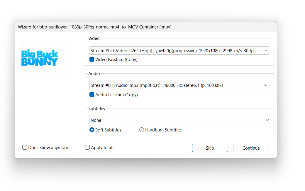 Wizard ffMediaMaster с выбором видео, аудио, субтитров и passthru