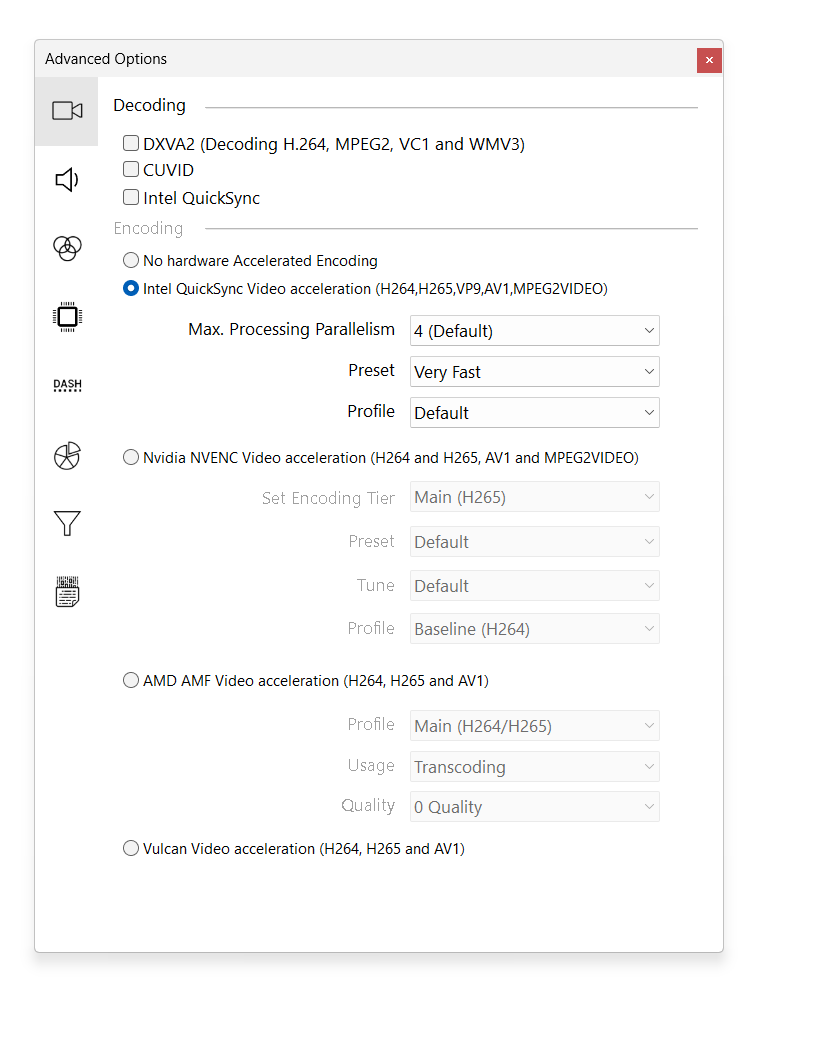 Advanced Options ffMediaMaster с Intel QuickSync, NVIDIA NVENC, AMD AMF и Vulkan
