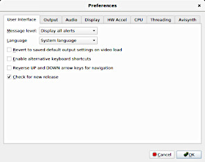 Окно Preferences Avidemux с вкладками настроек интерфейса, вывода и аппаратного ускорения
