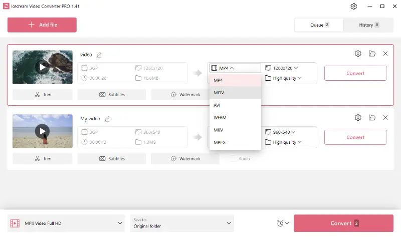 Меню выбора выходного видеоформата Icecream Video Converter