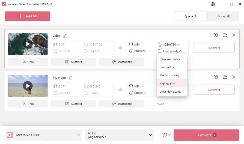 Список уровней качества в Icecream Video Converter
