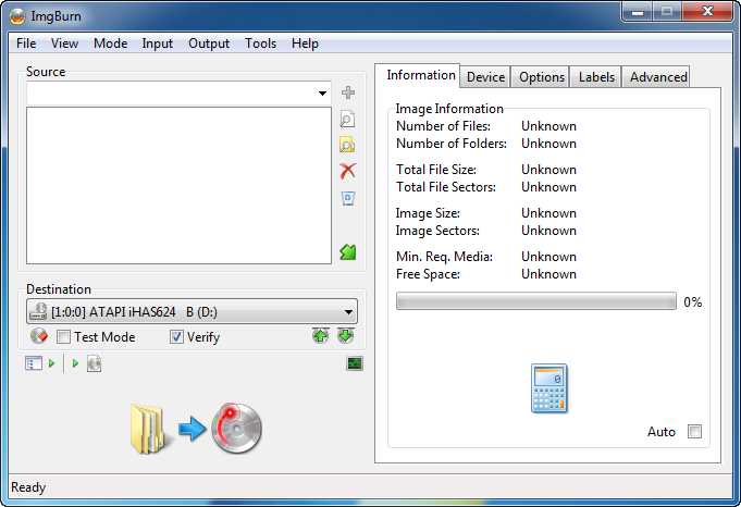Окно ImgBurn Build Standard для записи файлов и папок на оптический диск