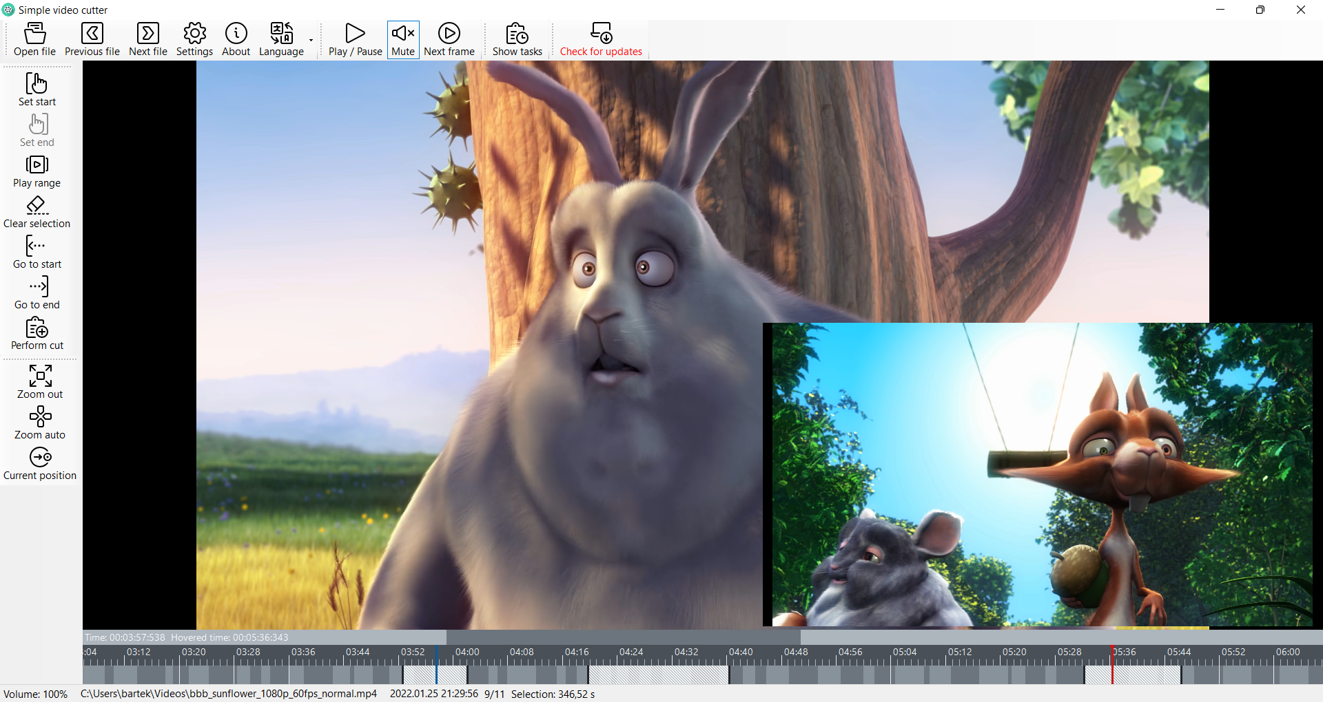 Официальный скриншот Simple Video Cutter из релиза 0.31.0 с панелями выбора и временной шкалой