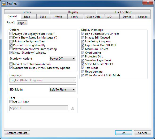 Окно Settings в ImgBurn с вкладками общих настроек, Read, Build, Write, Verify, I/O и Device