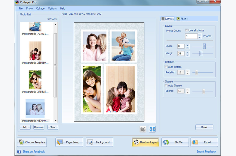 Главное окно CollageIt для Windows со списком фотографий, холстом и настройками Layout