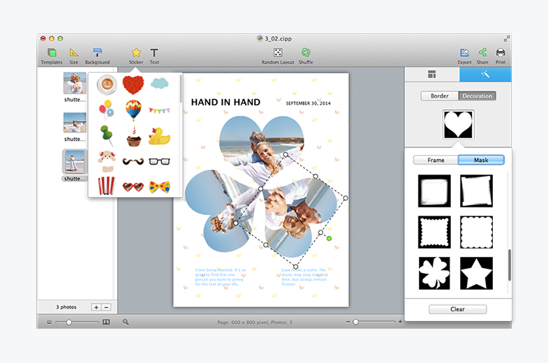 CollageIt 3 для Mac с панелью масок, рамок и стикеров