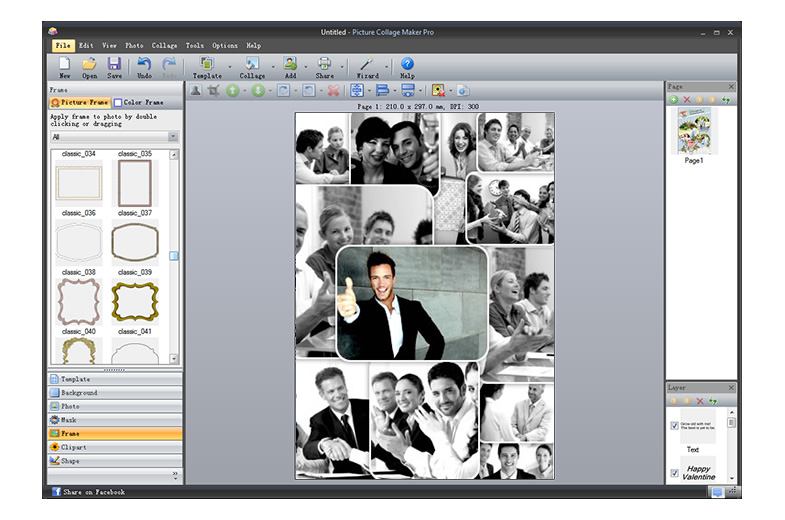 Главное окно Picture Collage Maker Pro с холстом, рамками, панелями Page и Layer