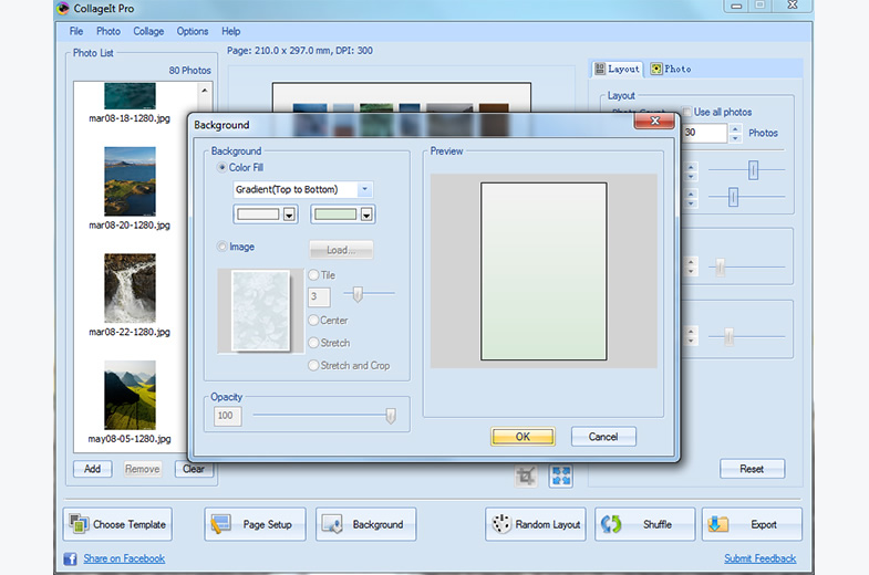 Диалог Background в CollageIt для Windows с настройками цвета, изображения и непрозрачности