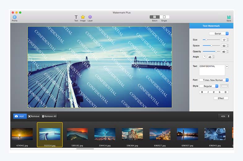 Watermark Plus в режиме Script с повторяющимся текстом CONFIDENTIAL на фотографии