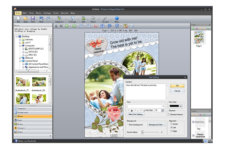 Окно Text Setting в Picture Collage Maker Pro поверх макета открытки