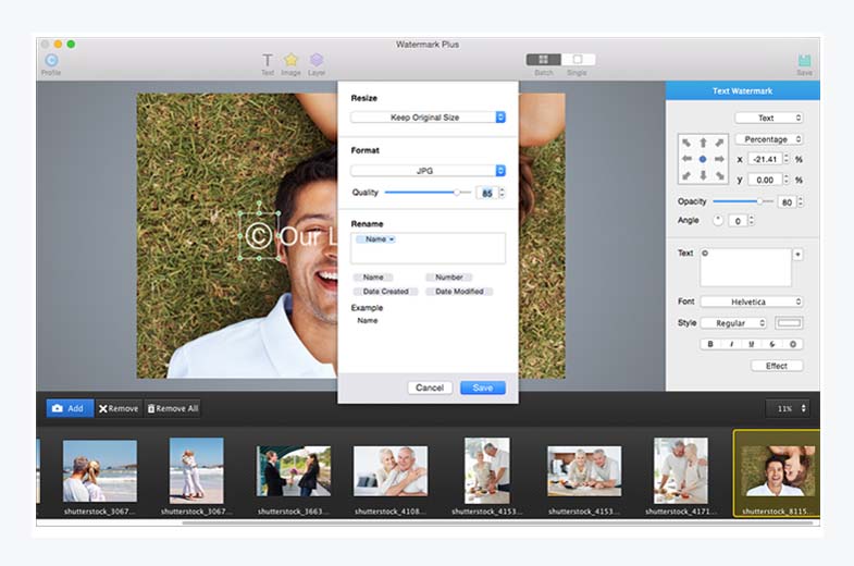 Окно Save в Watermark Plus с настройками Resize, Format, Quality и Rename