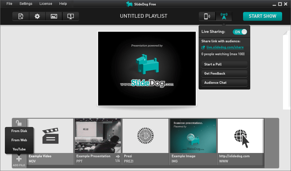 SlideDog с заполненным плейлистом, меню добавления файлов и панелью Live Sharing