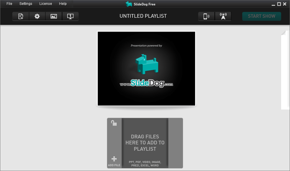 Окно SlideDog с пустым плейлистом и областью добавления файлов