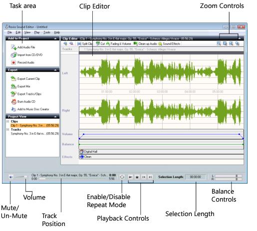 Roxio Sound Editor с волновой формой, панелью задач, воспроизведением и регулировкой баланса