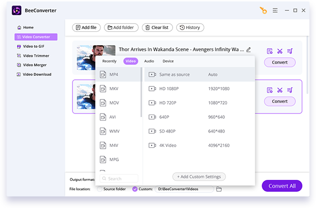 Выбор формата и профиля качества в BeeConverter